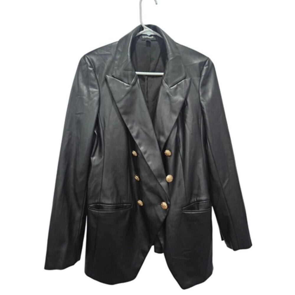 Vintage Express Black Faux Leather Novelty Gold Button Jacket Size M Vegan